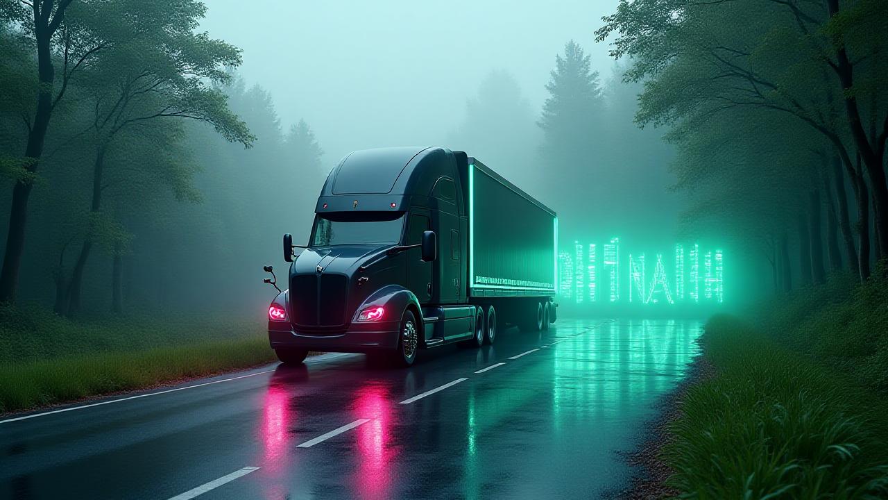 Electric delivery truck in a lush forest landscape with high-tech data overlays